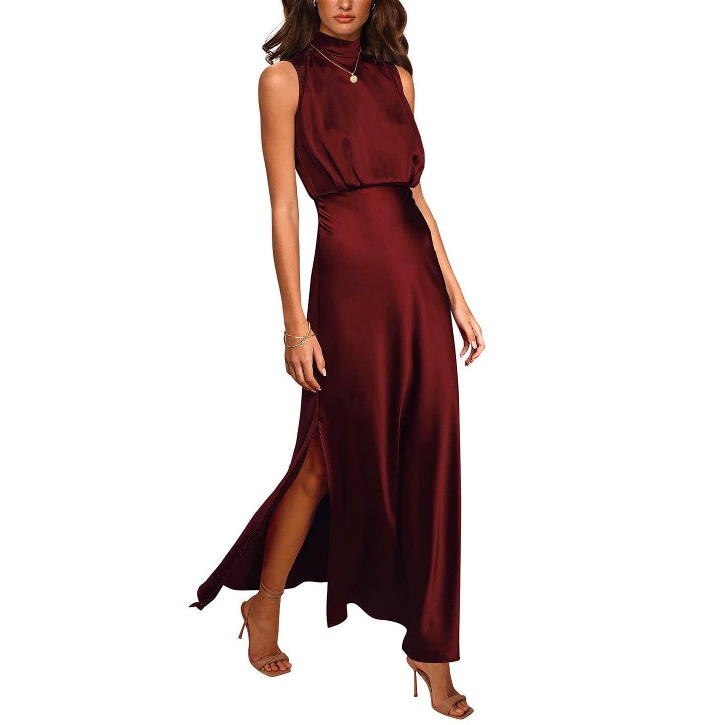 Mary – Robe en Satin à Col Montant