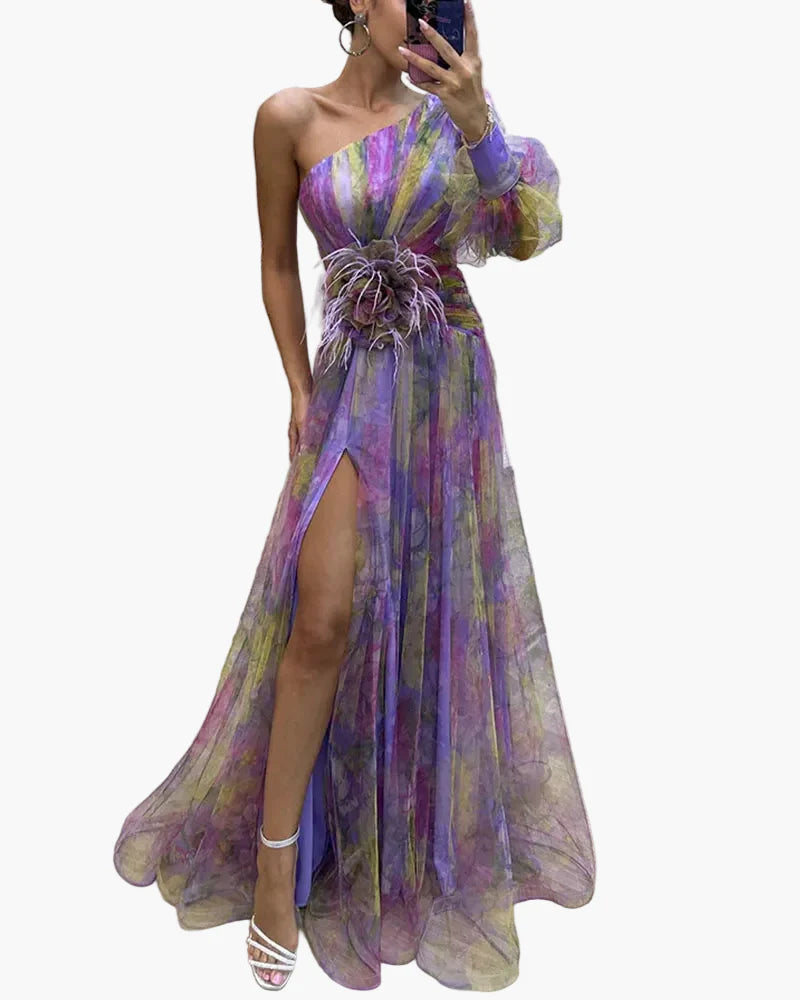 Abito lungo elegante donna stile serata a una spalla con spacco e balza alla moda