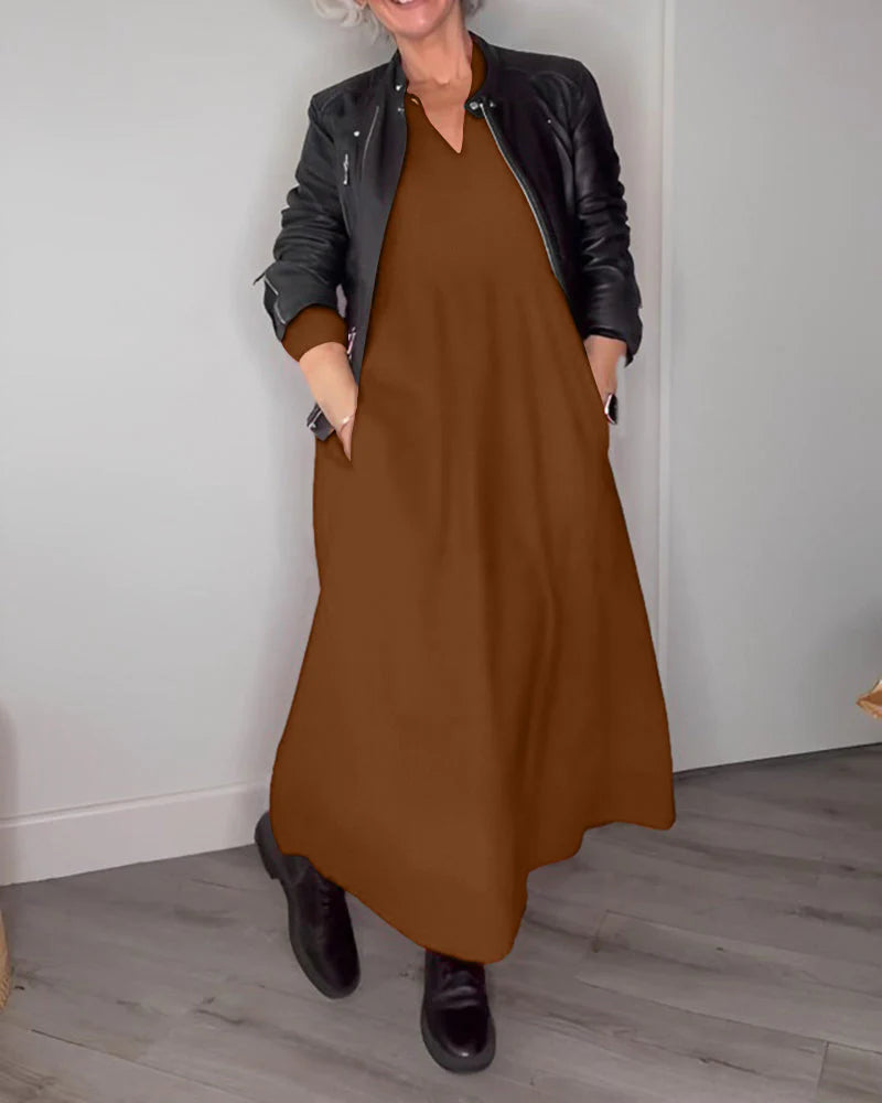 Robe Elégante avec Anneaux en V et Manches Longues