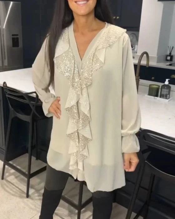 Blouse à Volants Élégants de Couleur Unie