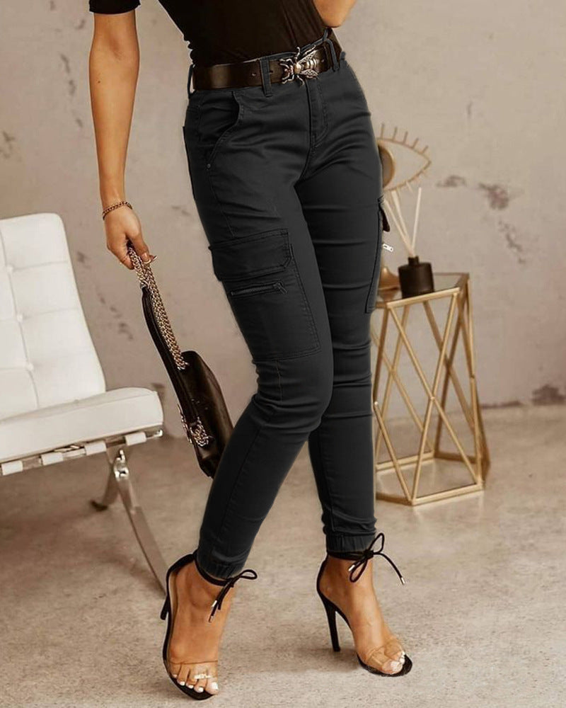 Juliet – Pantalons Bas Taille à Boutons et Poches Unies