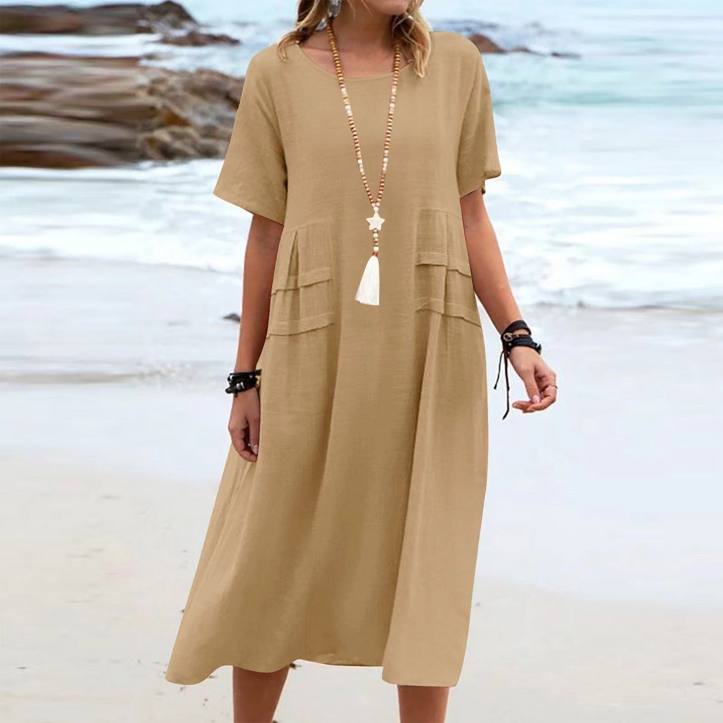 Imogen – Robe Midi Ample d'Été en Coton Lin Respirant à Manches Courtes
