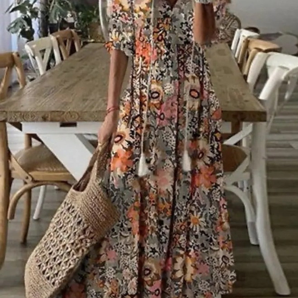 Jennifer – Robe Longue à Manches Moyennes Imprimée