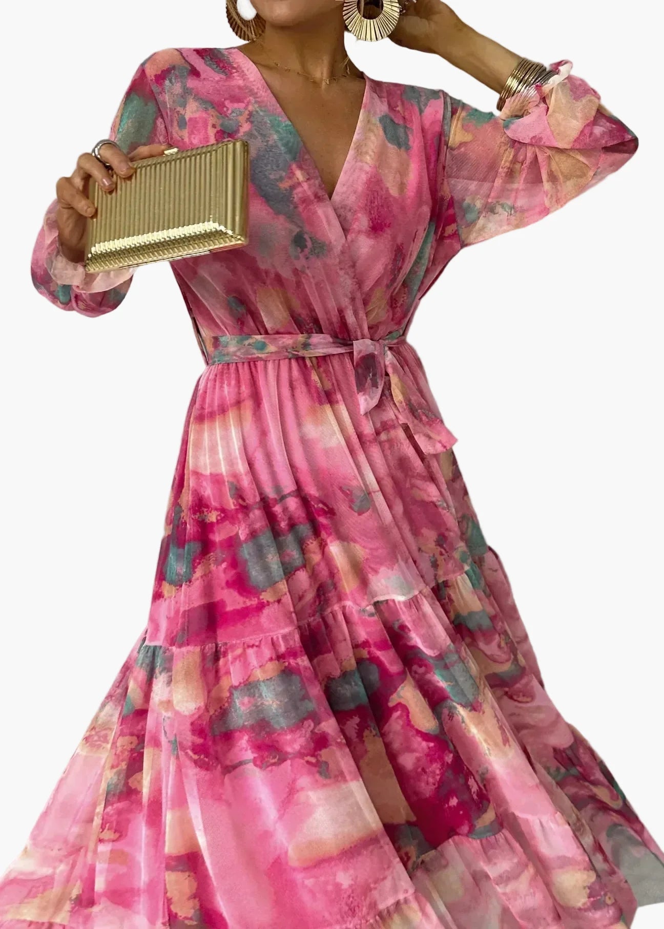 Abito lungo incrociato con maniche lunghe stile bohémien per donna – Eleganza raffinata per occasioni speciali