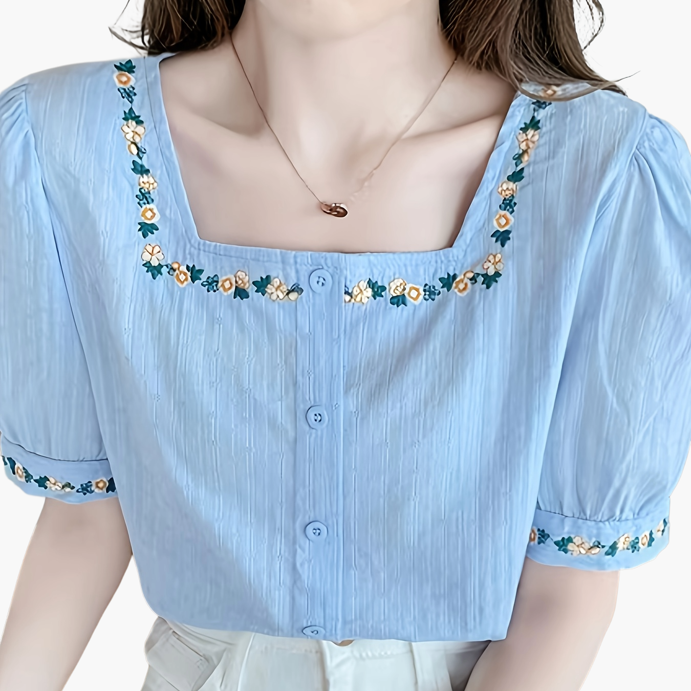 Blouse femme élégante à col carré et broderies florales, style décontracté printemps-été