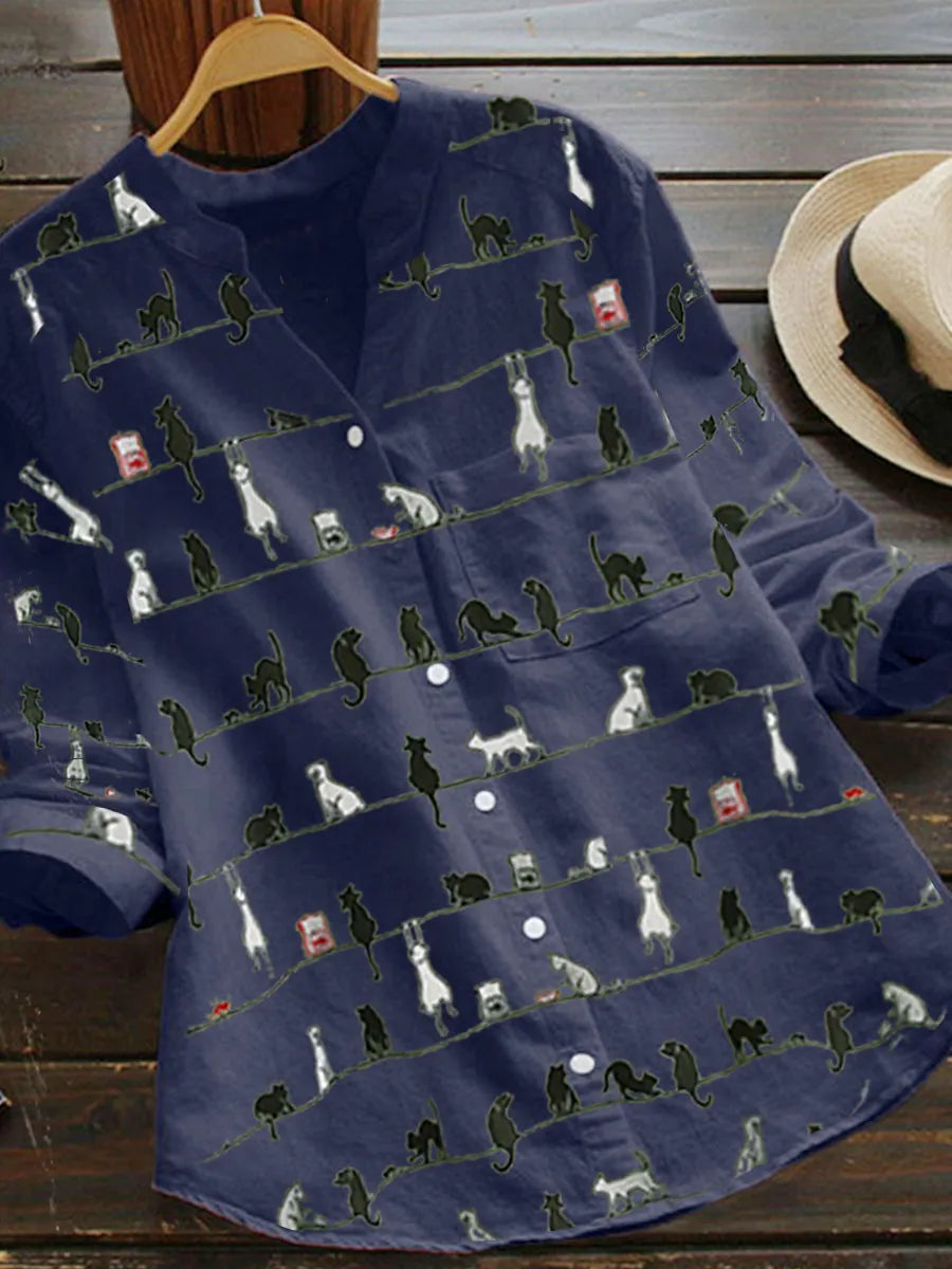 Adele – Blouse à Manches Longues avec Imprimé Chat