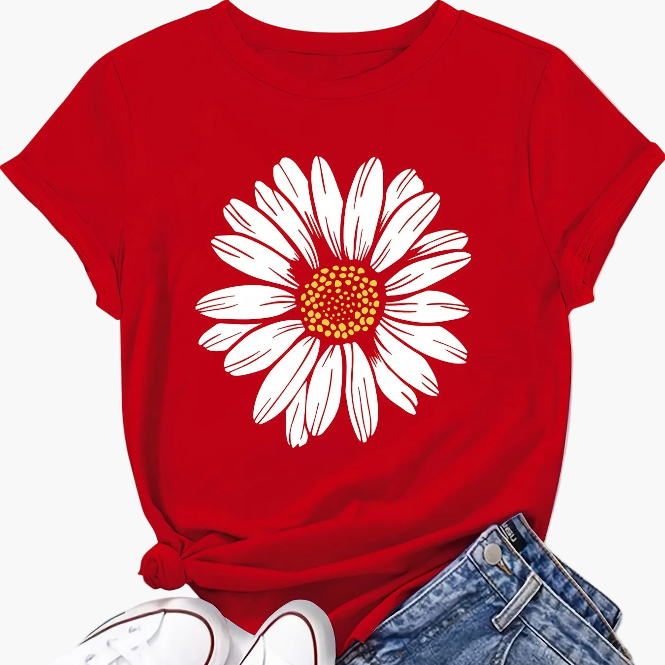 T-shirt femme décontracté motif marguerite pour look estival et tendance