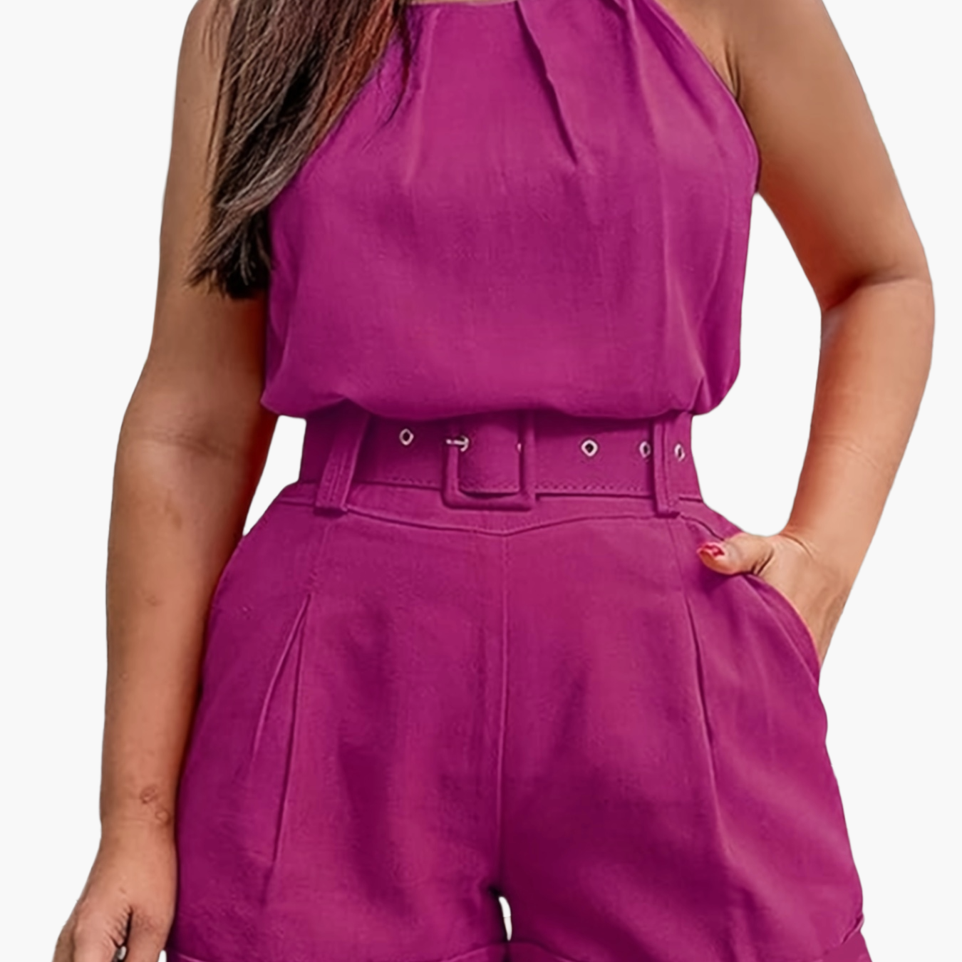 Combinaison Short Élégante Femme Sans Manches Style Printemps Été avec Ceinture