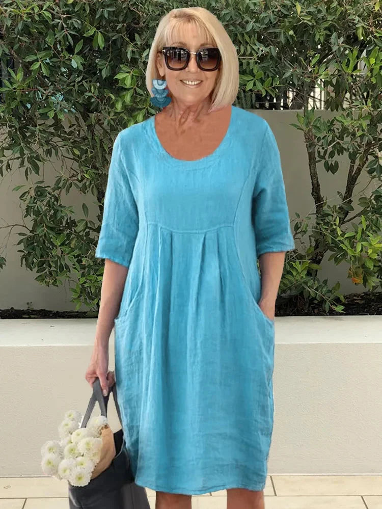 Robe Tunique Midi en Coton à Poches de Couleur Unie