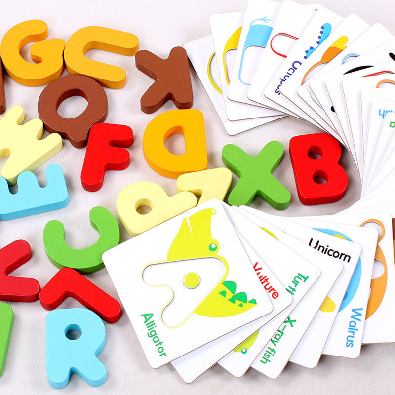 Jeu éducatif en bois lettres alphabet et cartes pour enfants – Puzzle d'apprentissage préscolaire
