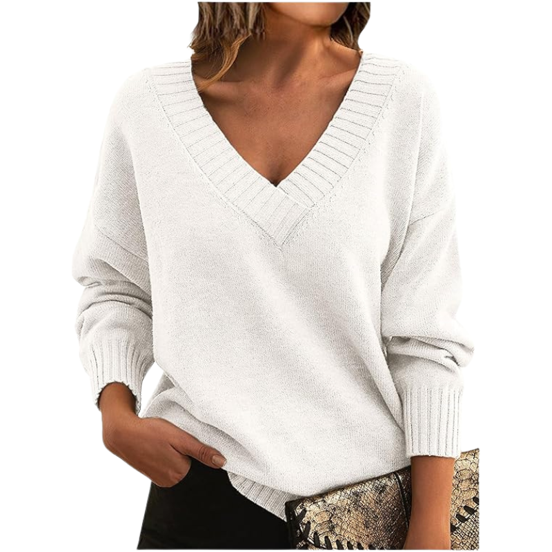 Pull col V chic femme pour l'hiver, style élégant et décontracté à manches longues