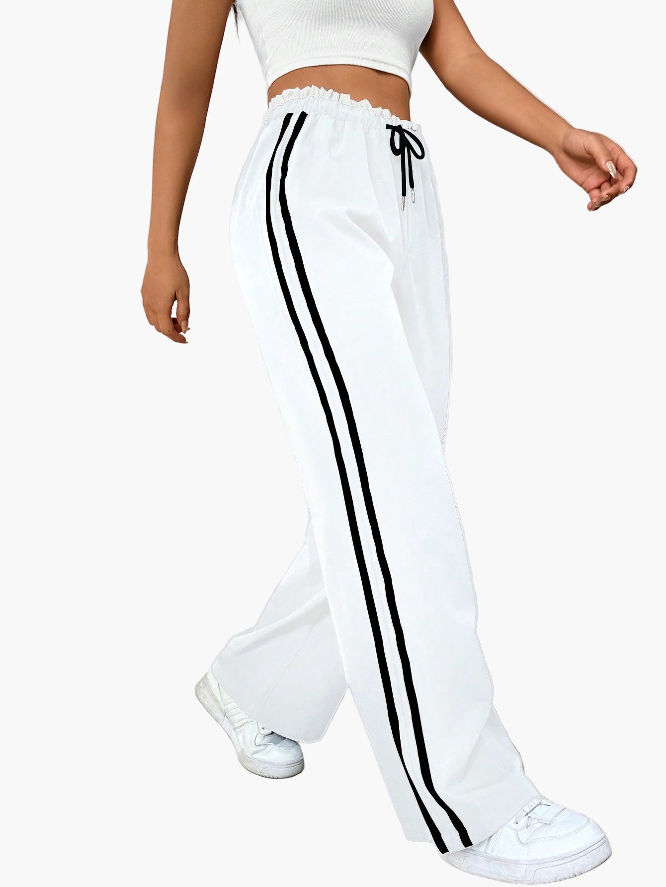 Pantalon large sport femme style streetwear à bandes – coupe décontractée idéale pour le quotidien