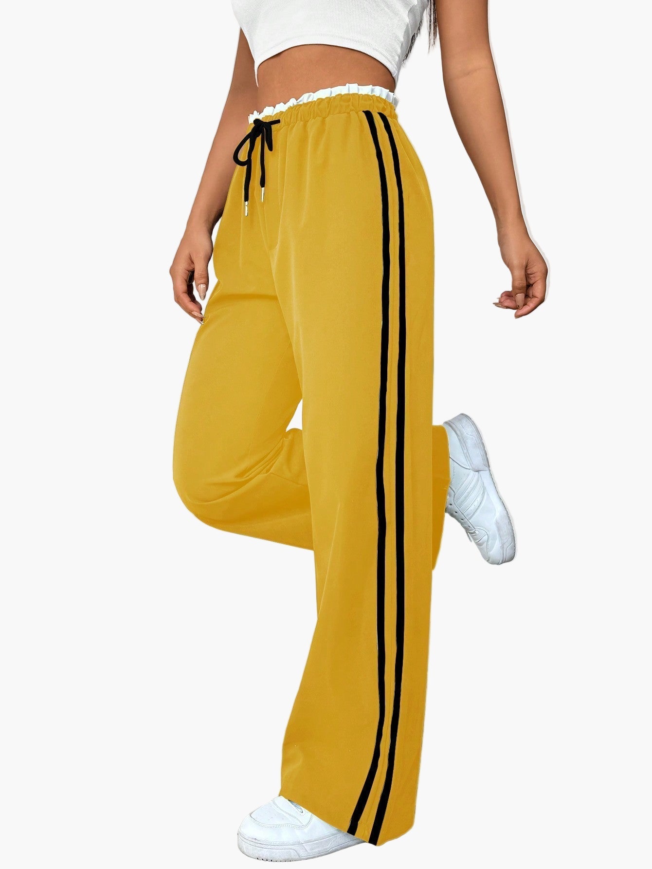 Pantalon large sport femme style streetwear à bandes – coupe décontractée idéale pour le quotidien