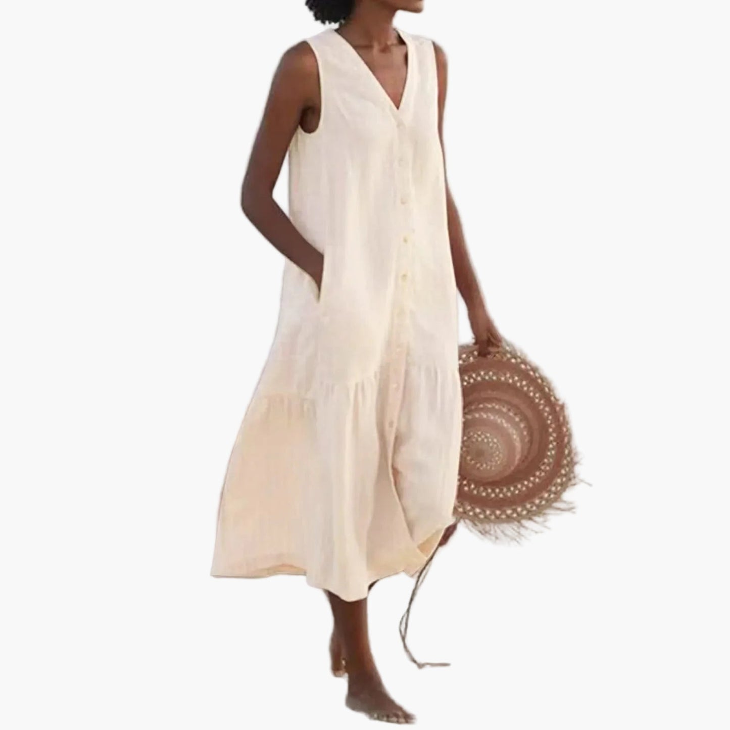 Casual Summer Dress for Women Sleeveless with Buttons, Beach and Holiday Style