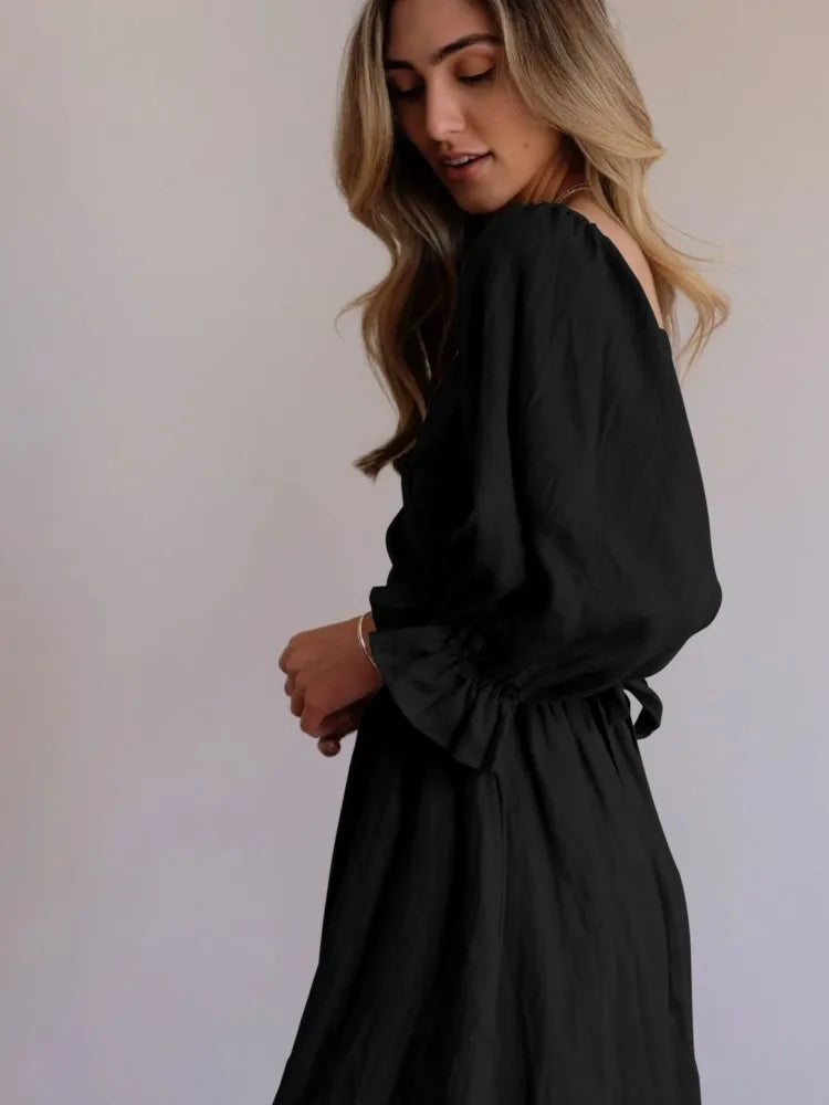 Robe Elégante avec Ceinture à la Taille et Manches Volantes-Lanternes