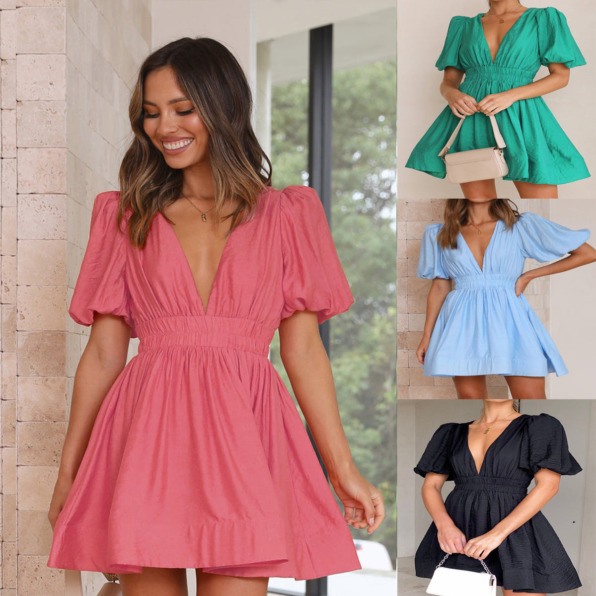 Marion – Robe courte à manches lanternes avec taille cintrée