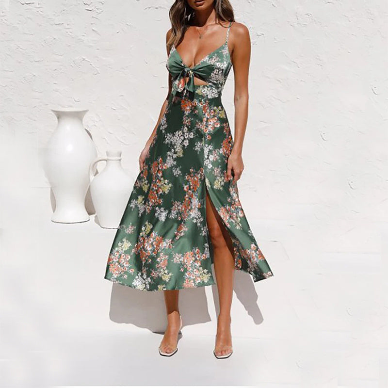 Lily – Robe à Bretelles Imprimée Fleur avec Noeud Creux
