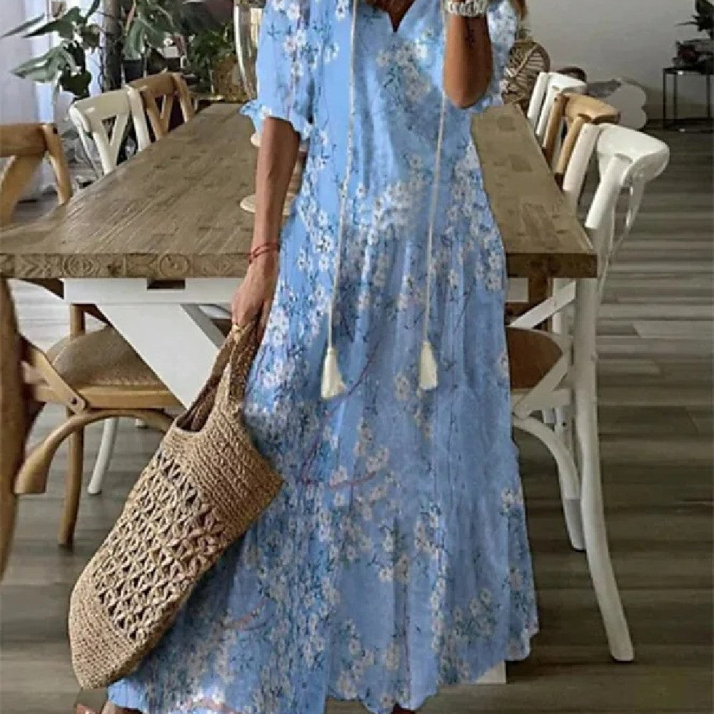 Jennifer – Robe Longue à Manches Moyennes Imprimée