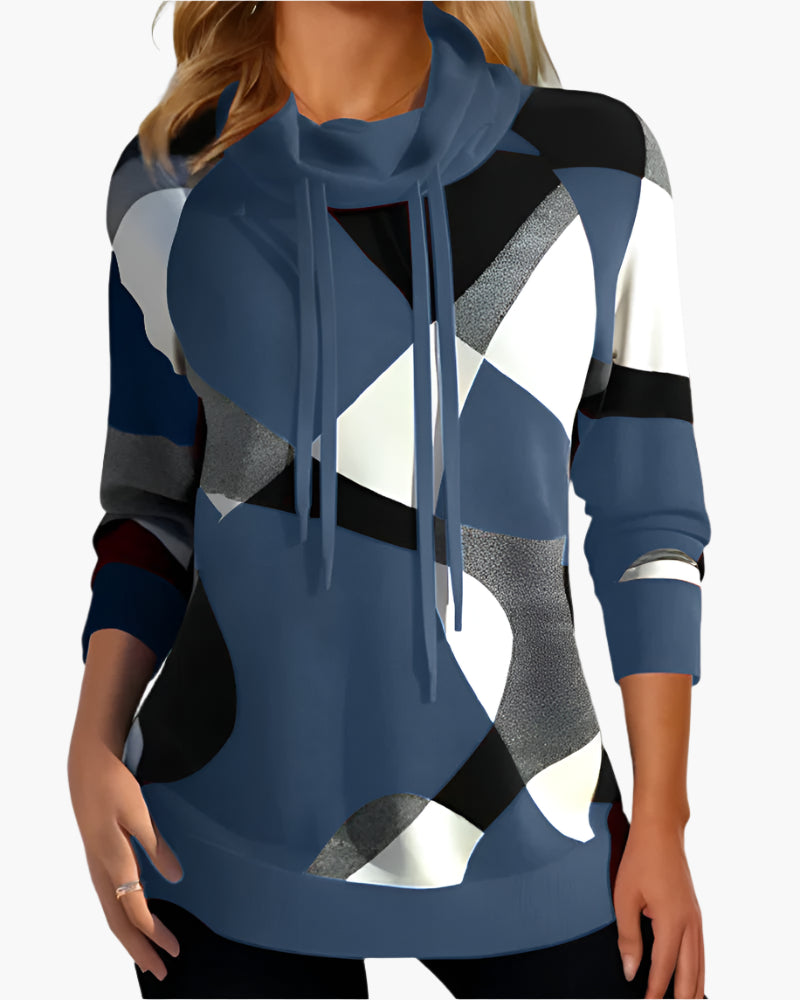 Sweat-shirt à col drapé style colorblock pour femme – Mode décontractée et moderne