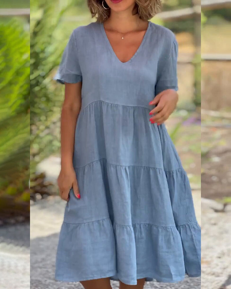 Robe Élégante en Coton Lin avec Encolure en V