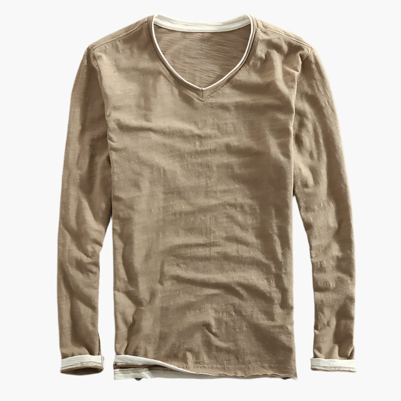 T-shirt à manches longues homme style superposé effet deux-en-un, coupe moderne décontractée