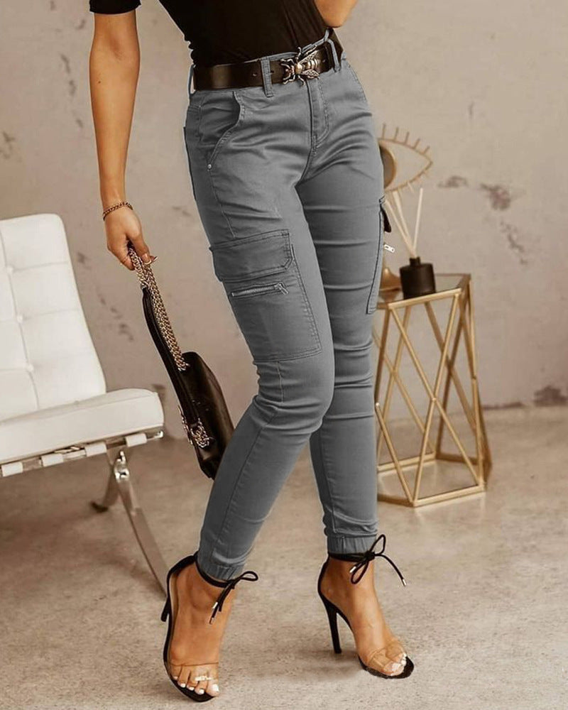 Juliet – Pantalons Bas Taille à Boutons et Poches Unies