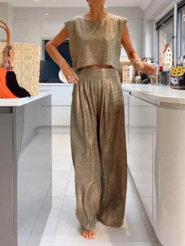 Christine – Ensemble de Pantalons à Jambe Large et Gilet Brillant