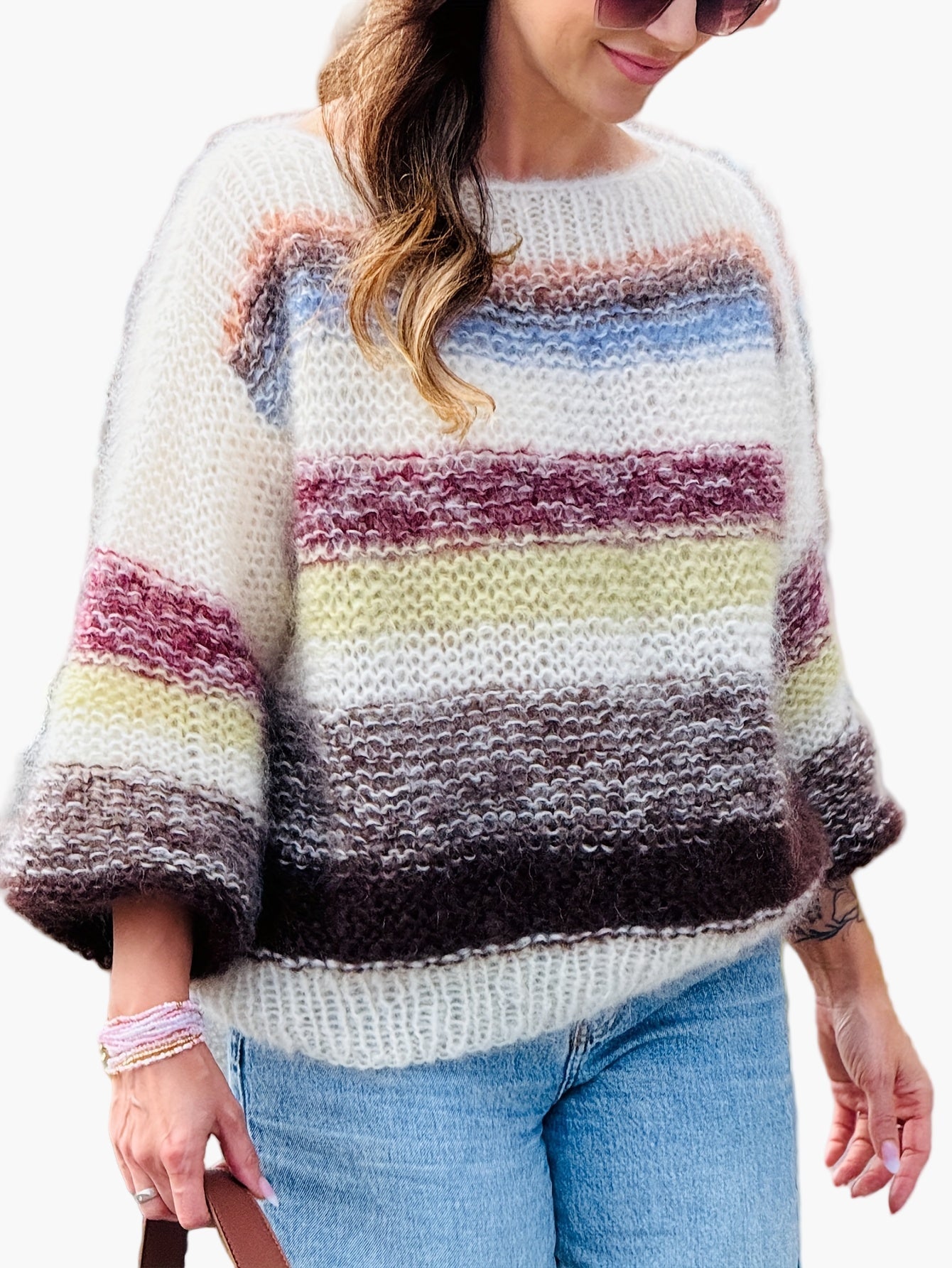 Pull femme élégant à rayures style décontracté pour automne/hiver