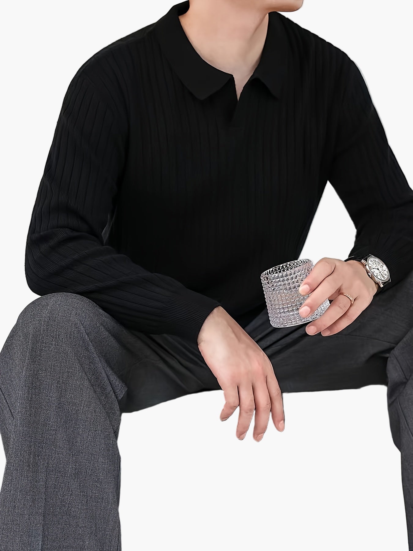 Polo homme élégant à manches longues style casual avec col ouvert – Idéal automne/hiver