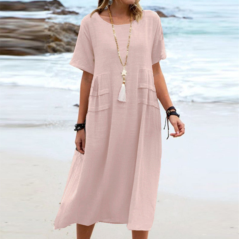 Imogen – Robe Midi Ample d'Été en Coton Lin Respirant à Manches Courtes