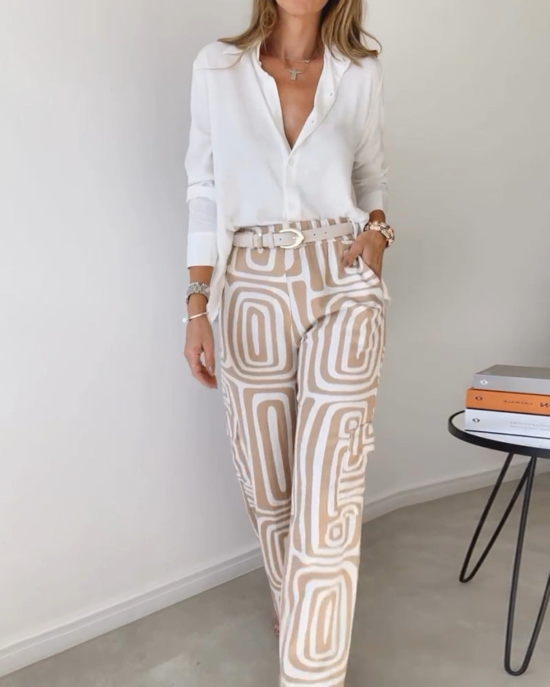 Megan – Ensemble Chemise à Manches Longues et Pantalon à Jambe Large Imprimé