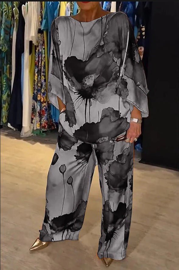 Danielle – Costume Satin Imprimé à Col Rond