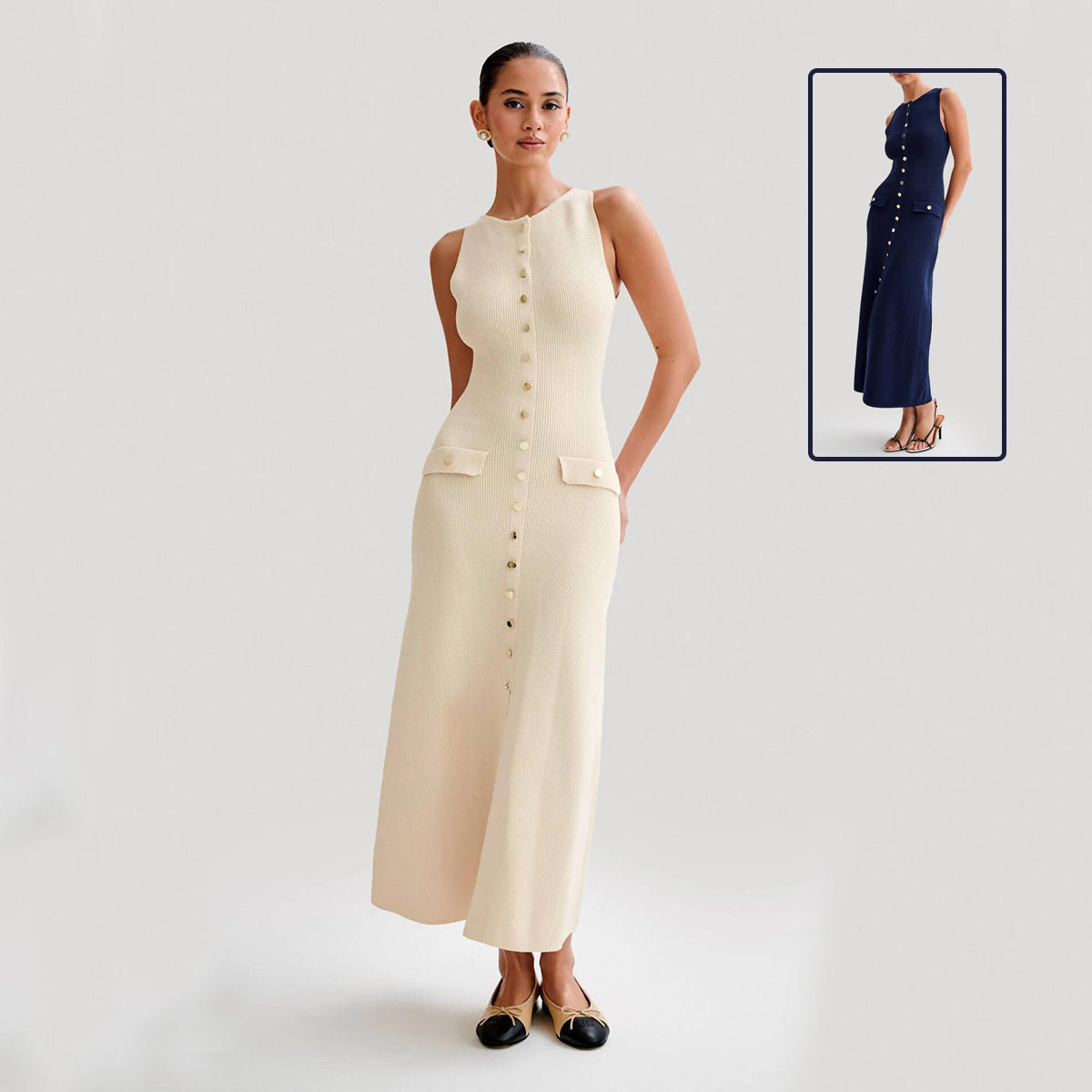 Katy – Robe sans manches en tricot élégante avec boutonnage et col rond ajusté