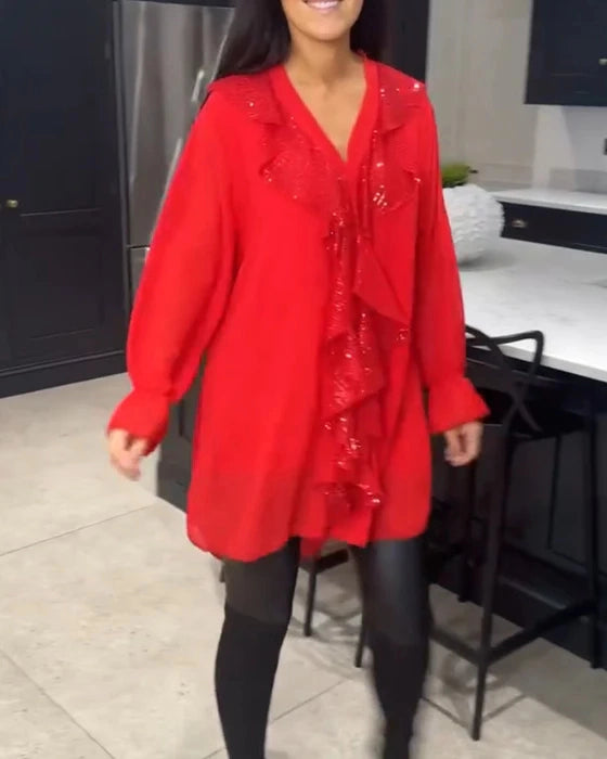 Blouse à Volants Élégants de Couleur Unie