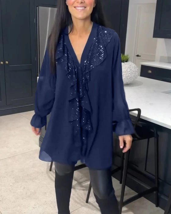 Blouse à Volants Élégants de Couleur Unie