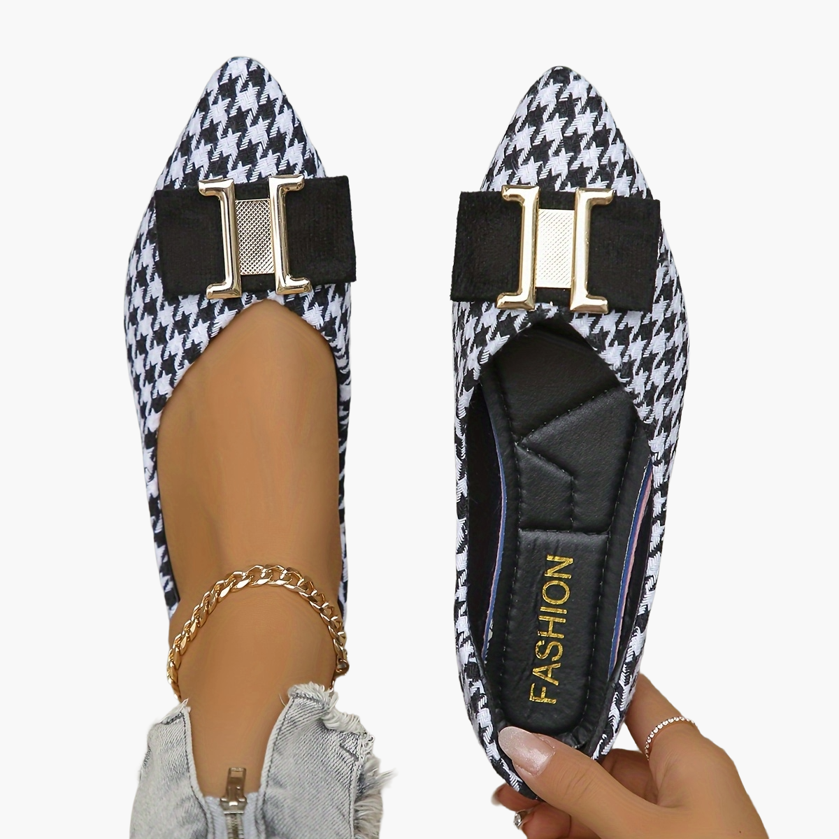 Baleriny damskie w modny wzór pepitki, eleganckie i stylowe na co dzień