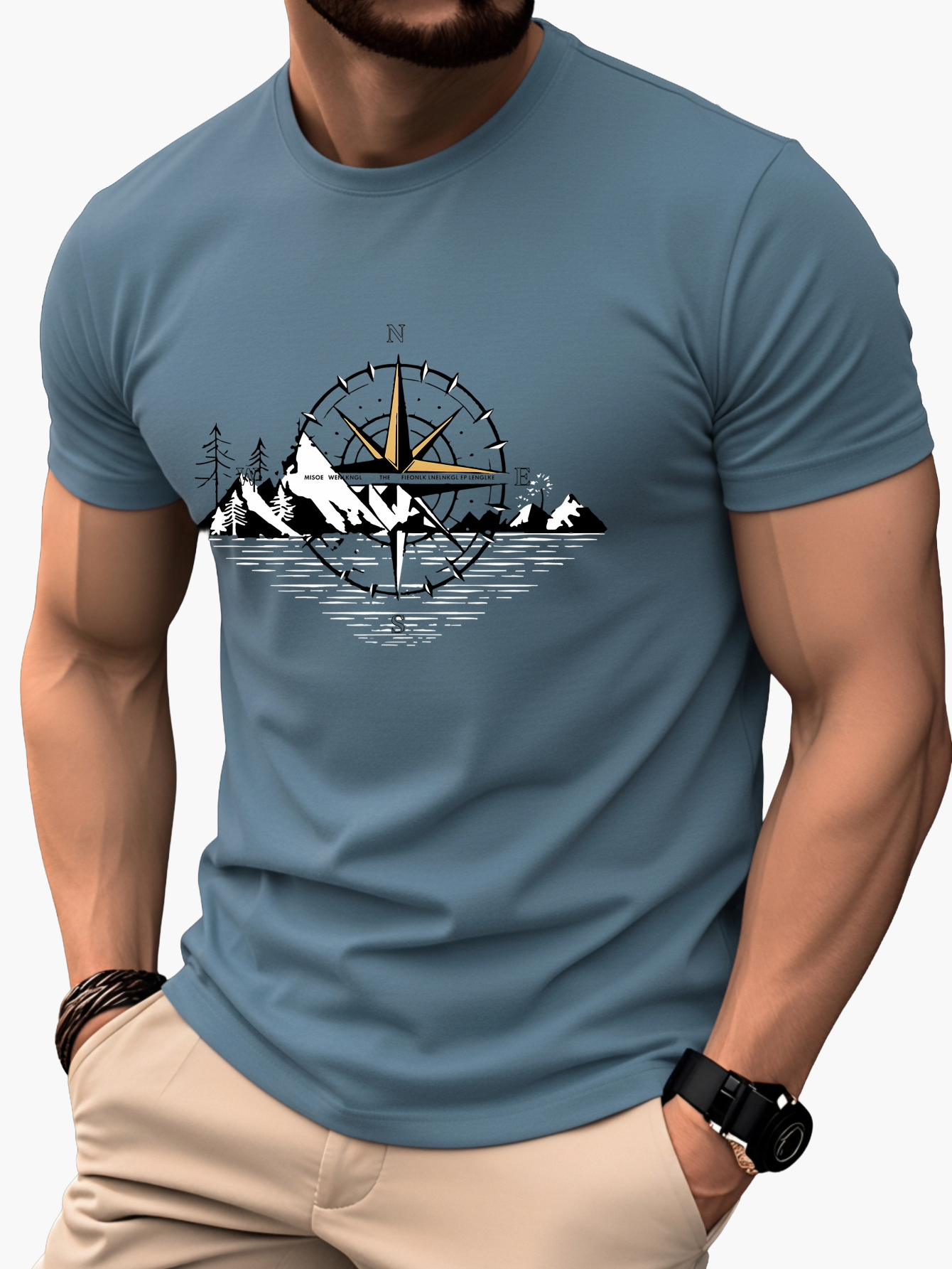 Herre T-shirt Eventyrstil Bjerg Kompas Grafik – Afslappet og Rejse
