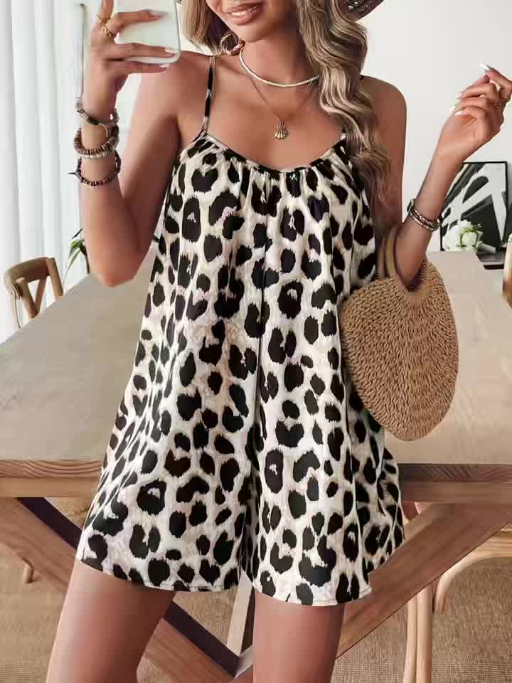 Combishort femme style léopard décontracté été, coupe ample, usage quotidien ou vacances