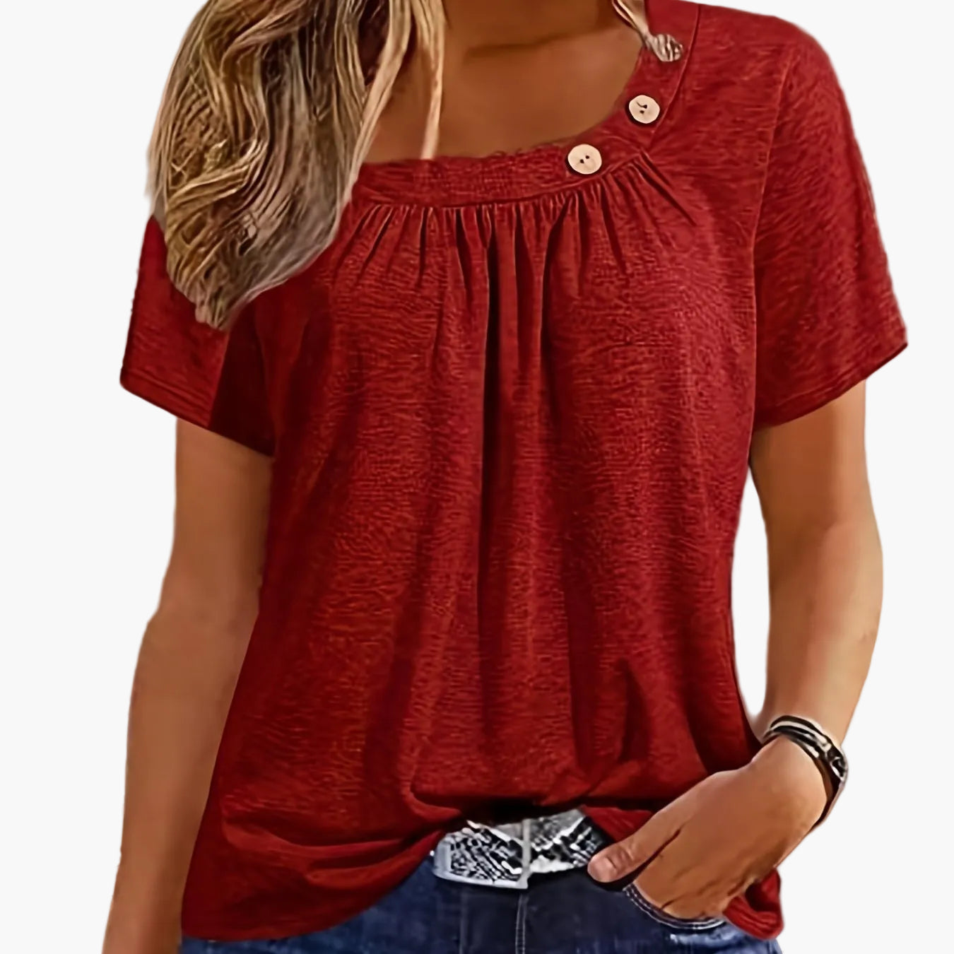 T-shirt donna con scollo asimmetrico e bottoni, stile casual chic per tempo libero o uscite