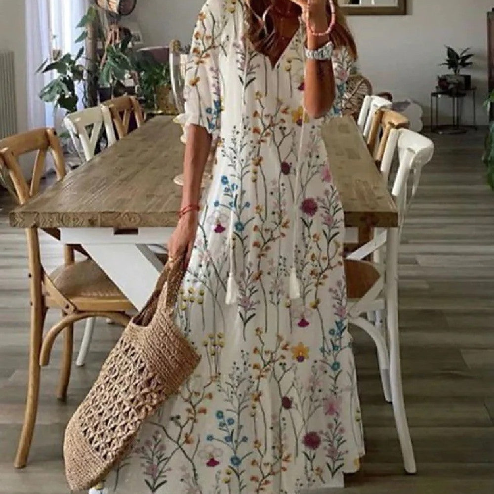 Jennifer – Robe Longue à Manches Moyennes Imprimée