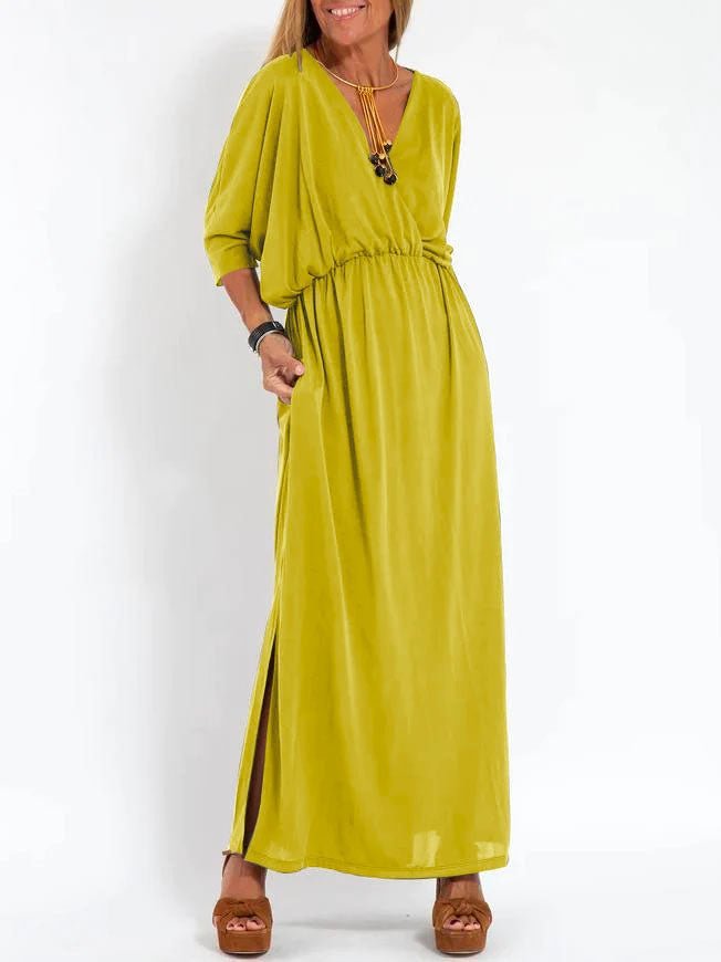 Kimberley – Robe Fendue à Taille Haute avec Col en V