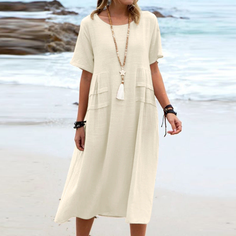 Imogen – Robe Midi Ample d'Été en Coton Lin Respirant à Manches Courtes