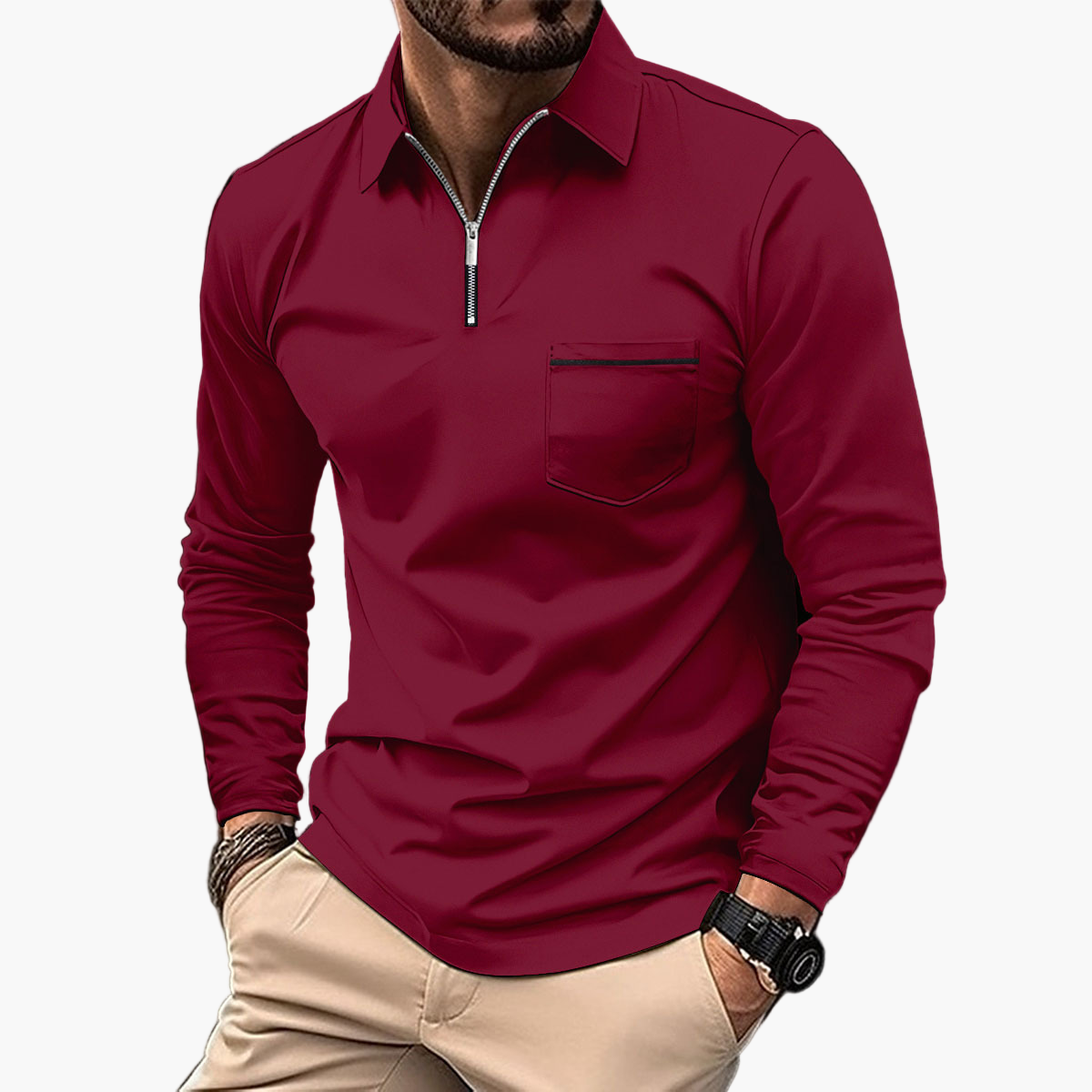 Polo à manches longues pour homme style classique avec poche poitrine, idéal pour le travail et les sorties