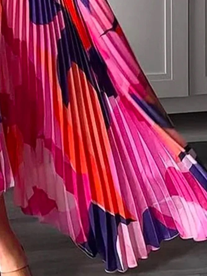 Laura – Robe Swing Plissée Imprimée à Dos Nu et Col V Profond