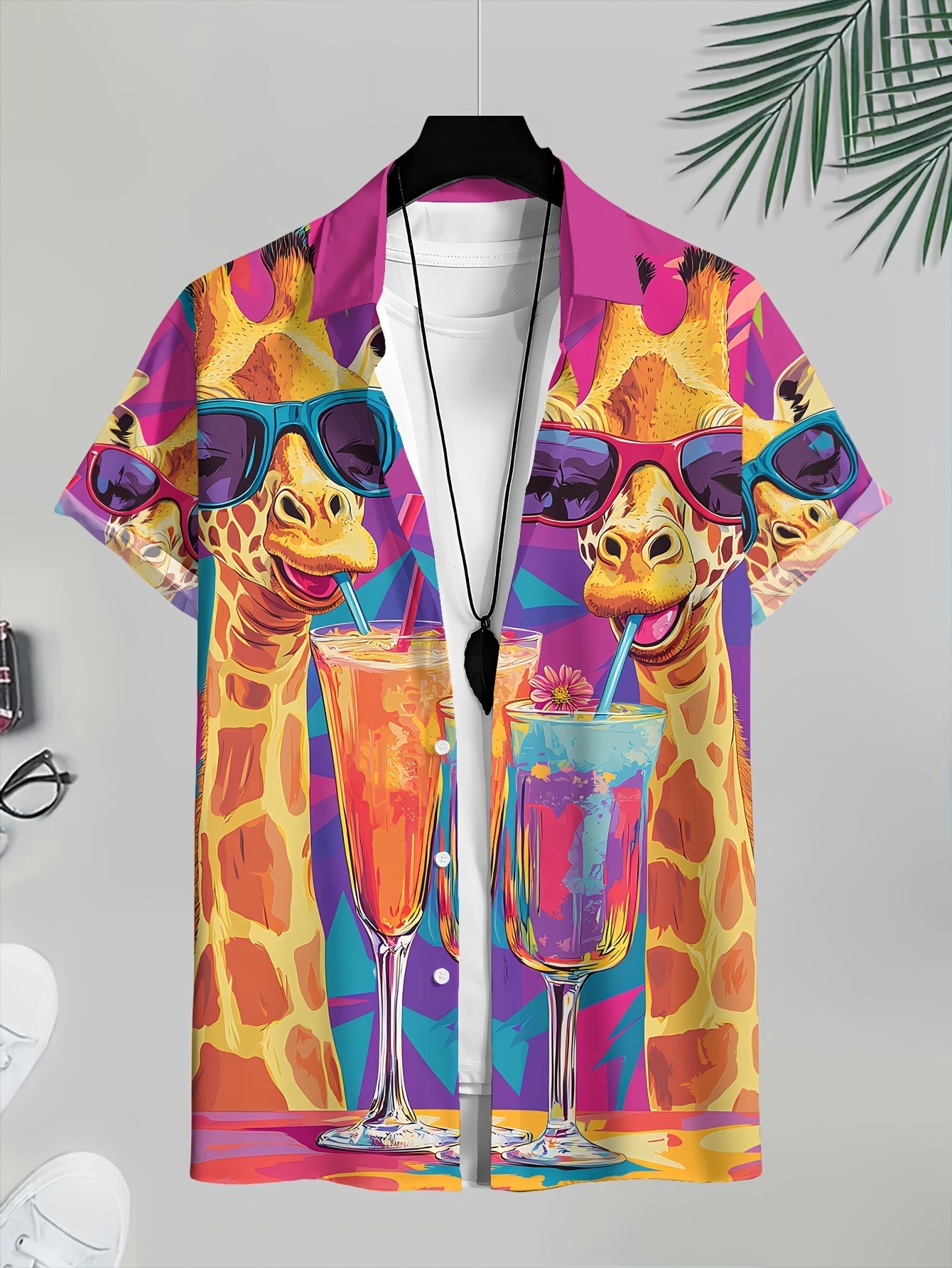 Camisa hawaiana casual para hombre con estampado de jirafa y cócteles – Estilo veraniego y original