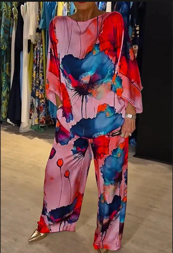 Danielle – Costume Satin Imprimé à Col Rond