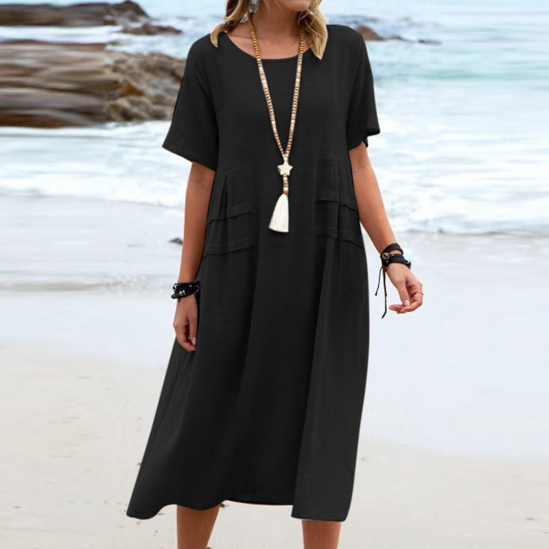 Imogen – Robe Midi Ample d'Été en Coton Lin Respirant à Manches Courtes