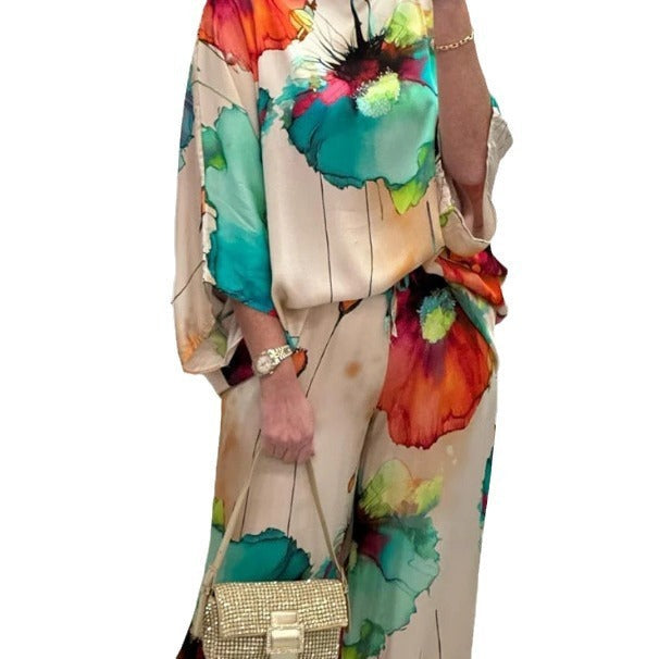 Danielle – Costume Satin Imprimé à Col Rond