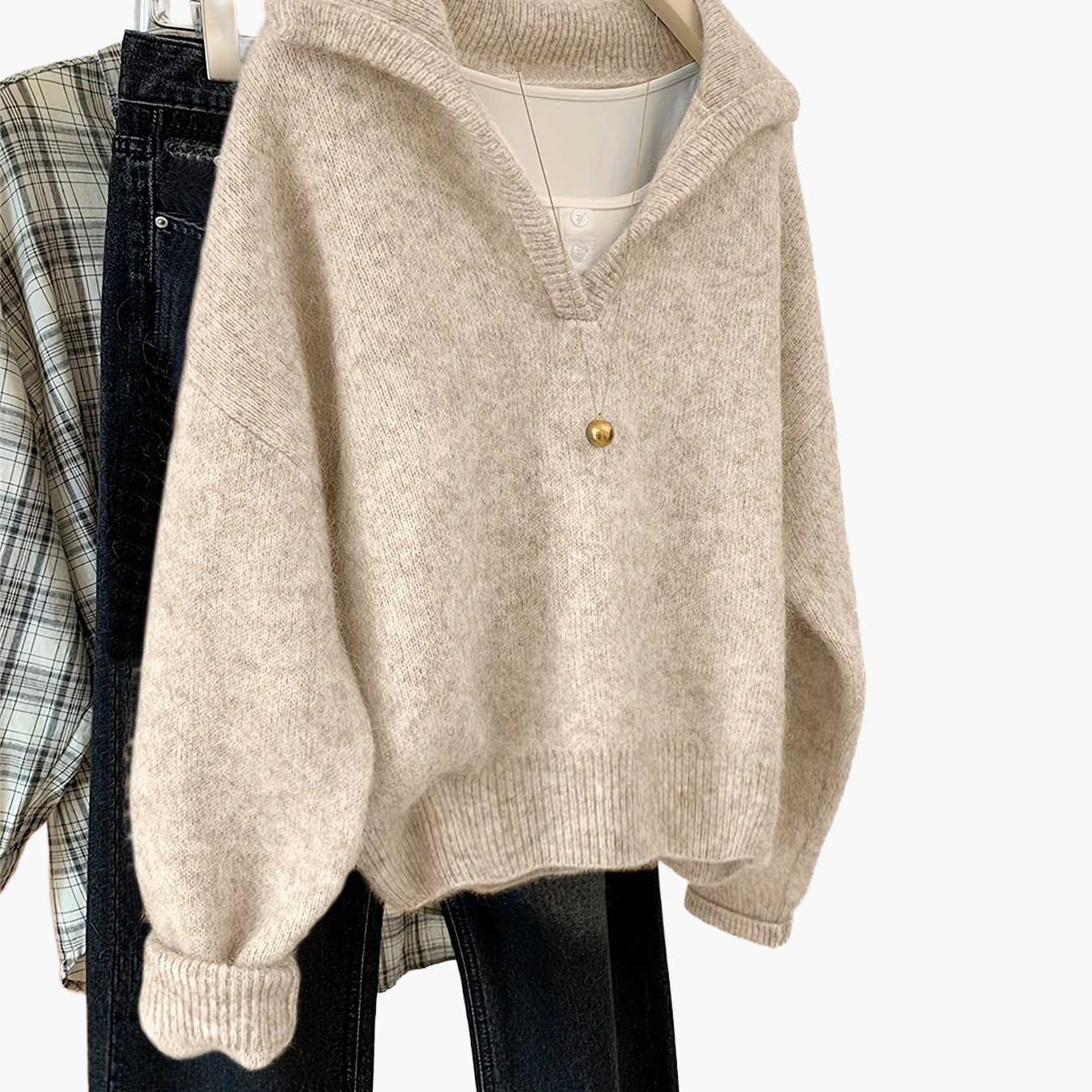 Pull vintage à col V style décontracté pour femme - idéal automne hiver