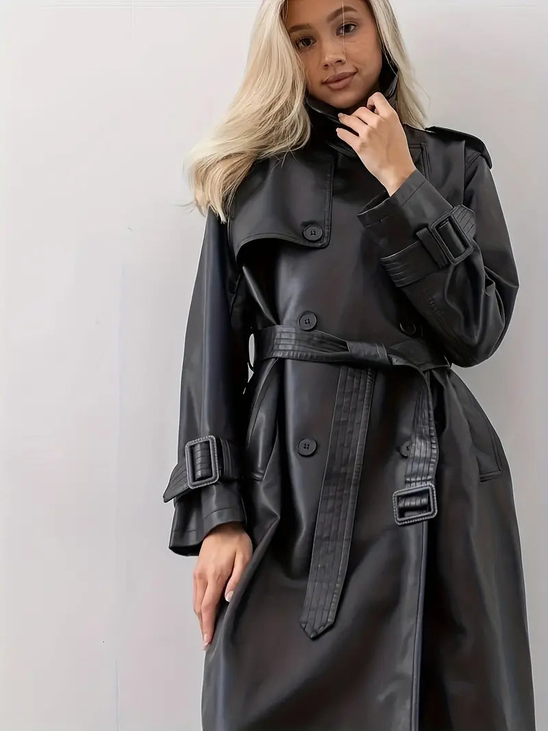 Trench-coat long pour femme - Style élégant à double boutonnage avec ceinture à la taille - Idéal pour l'automne et l'hiver
